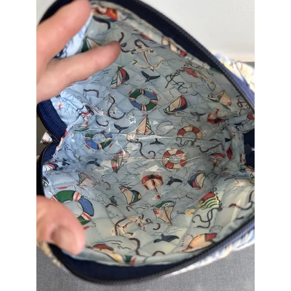 Vera Bradley Morning Shells Navy Cosmetic Pouch Plastic Lined Ocean Quilted